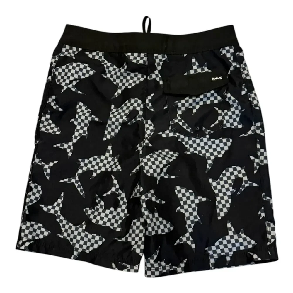 Hurley Black Gray Shark Swim Board Surf Shorts Shorts EUC Size 14 27